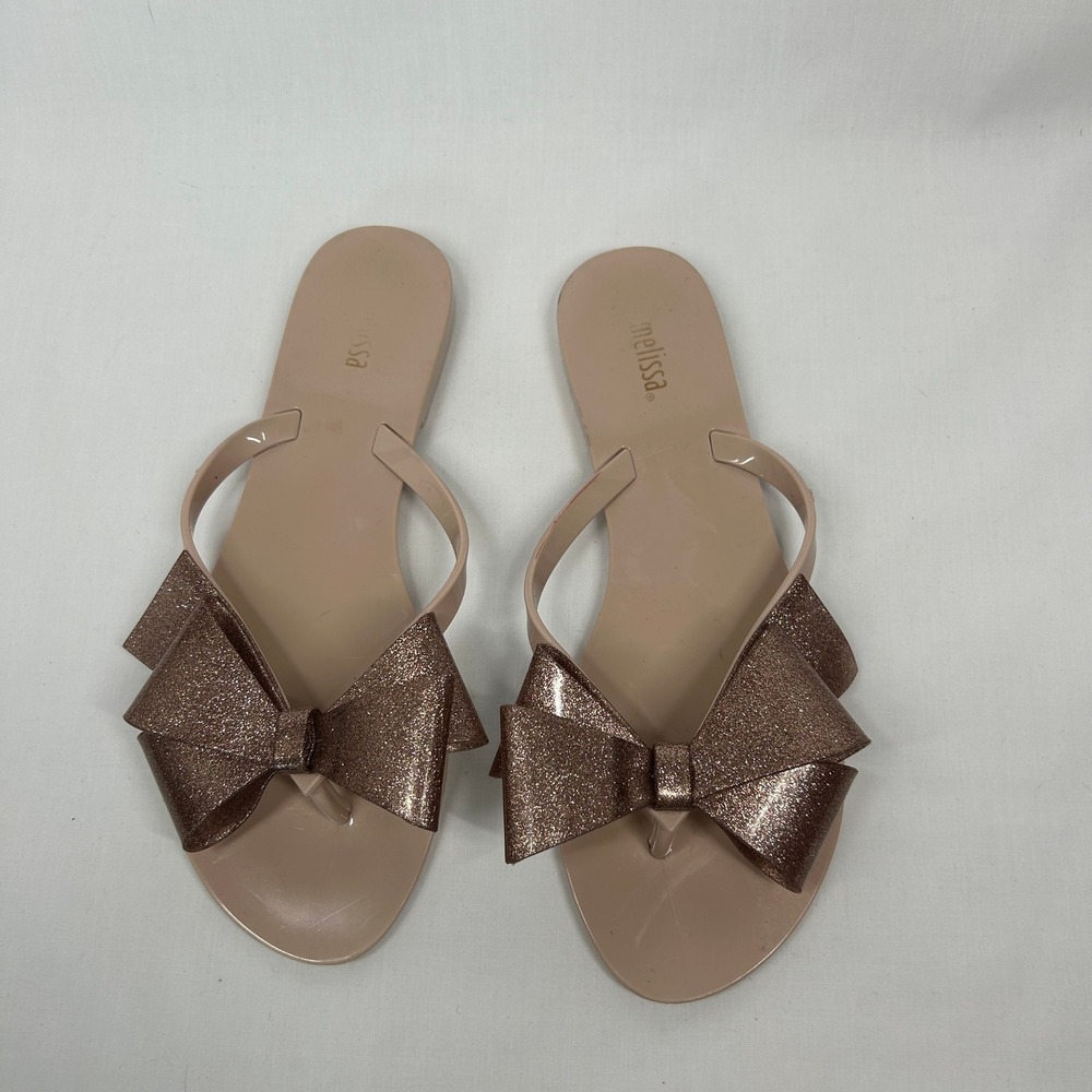 Melissa Nude Jelly Thong Sandals – Rose Gold Glitter Bow Appliqué US 7 / EUR 38